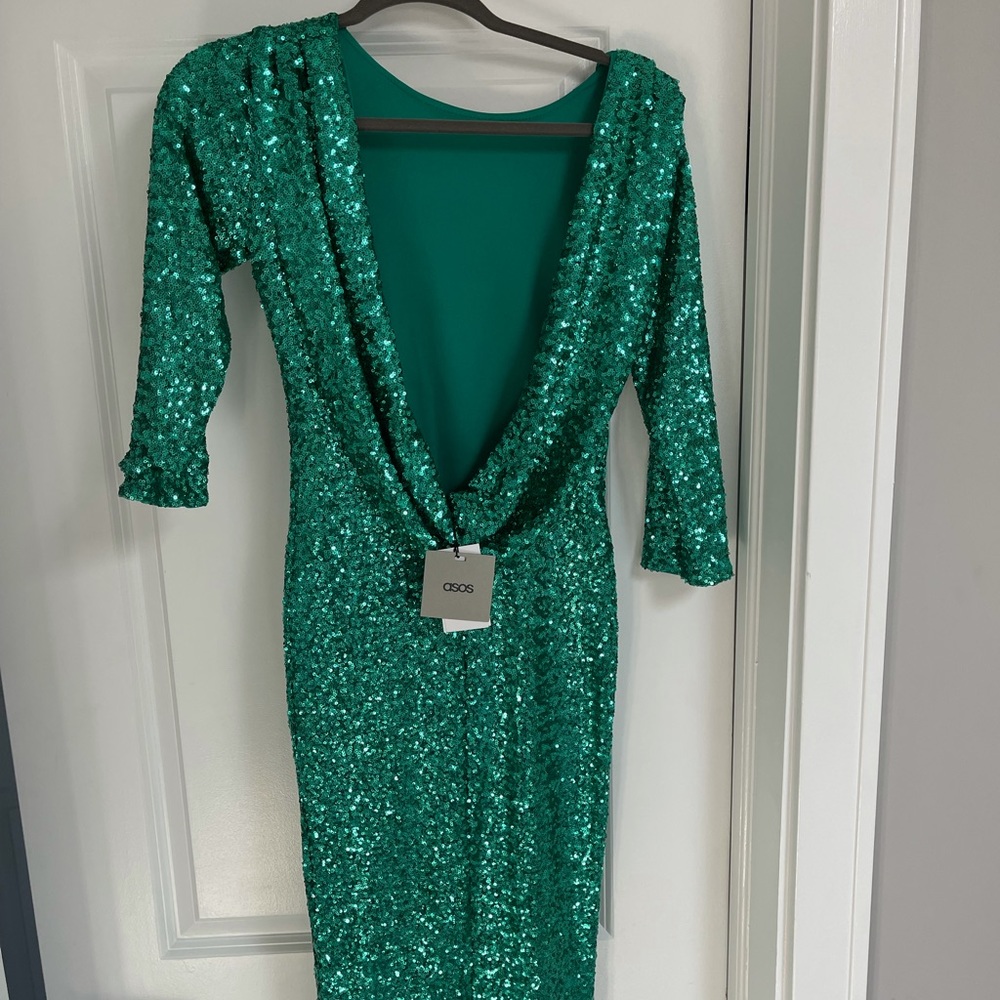 Sequin green midi dress swoop back